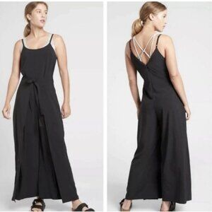 Athleta Its A Wrap Jumpsuit Romper Womens L / 10 Black Wide Leg Tie Pockets Soft